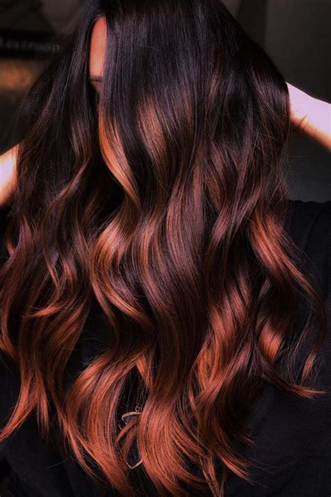 dark copper highlights|copper balayage on black hair.